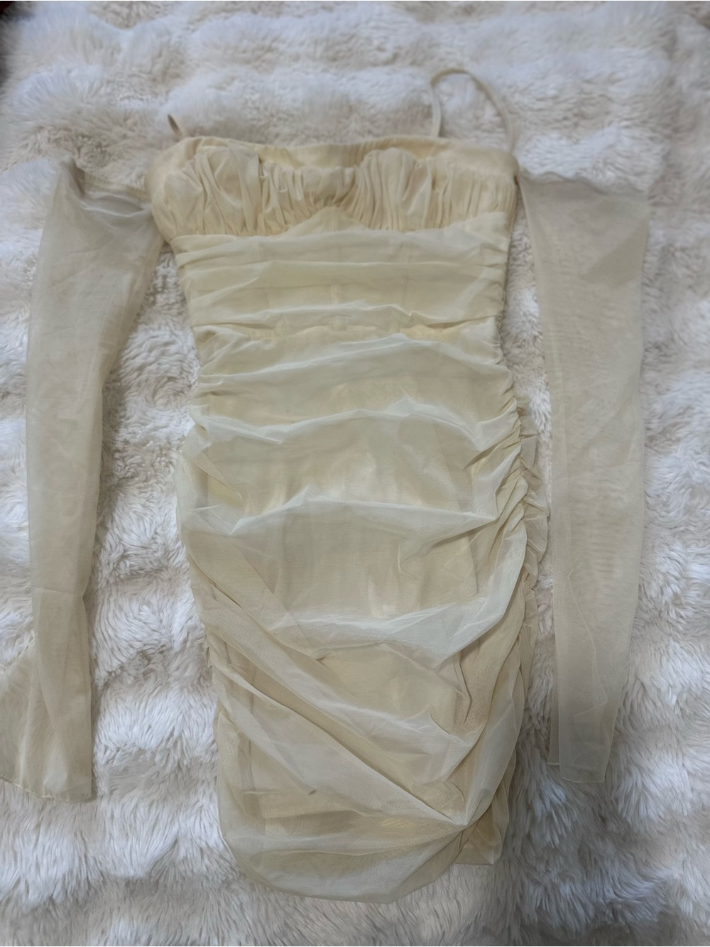 Oh Polly Cream Sheer Ruched Long Sleeve Mini Dress